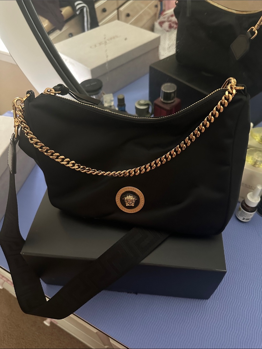 Versace Black Shoulder Bag with Gold Chain and Medusa Medallion